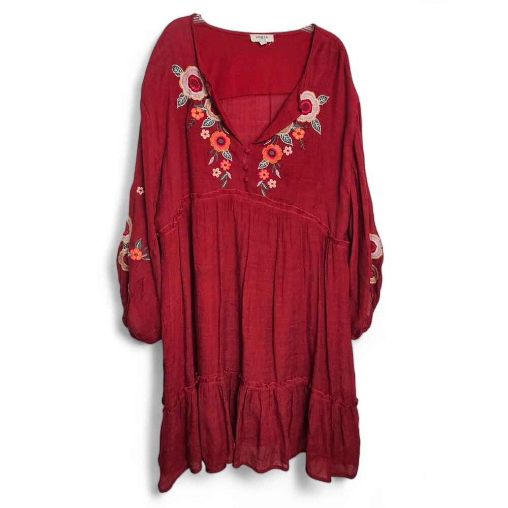 Umgee Women's Floral Embroidered Flowy Red Lightweight Peasant Dress Size L